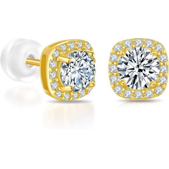 Moissanite 18K Gold Vermeil Halo Push Back Stud Earrings Womens - Picture 4 of 10